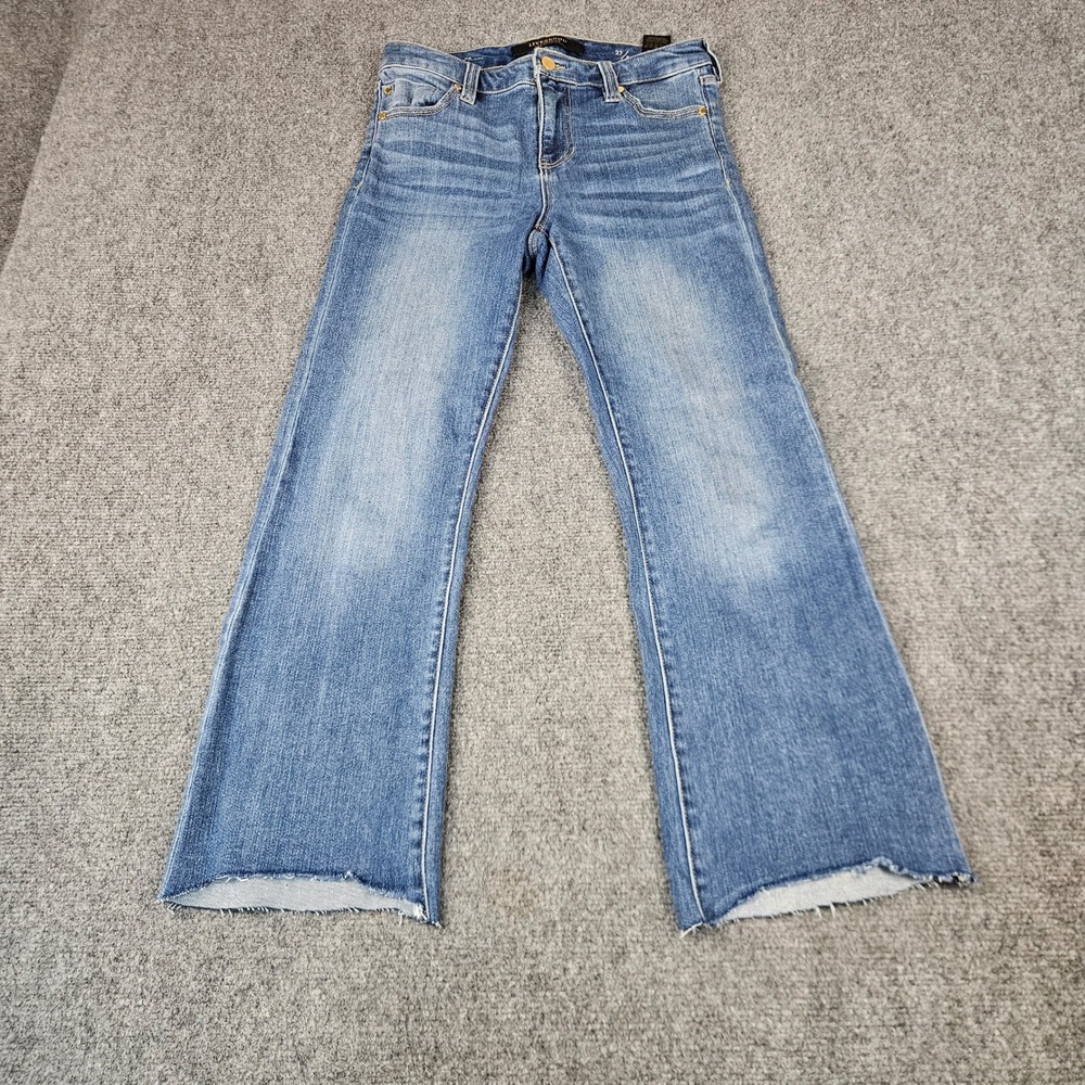 Liverpool Los Angeles The Crop Flare Jeans Blue Medium Wash Raw Hem Size 27 4